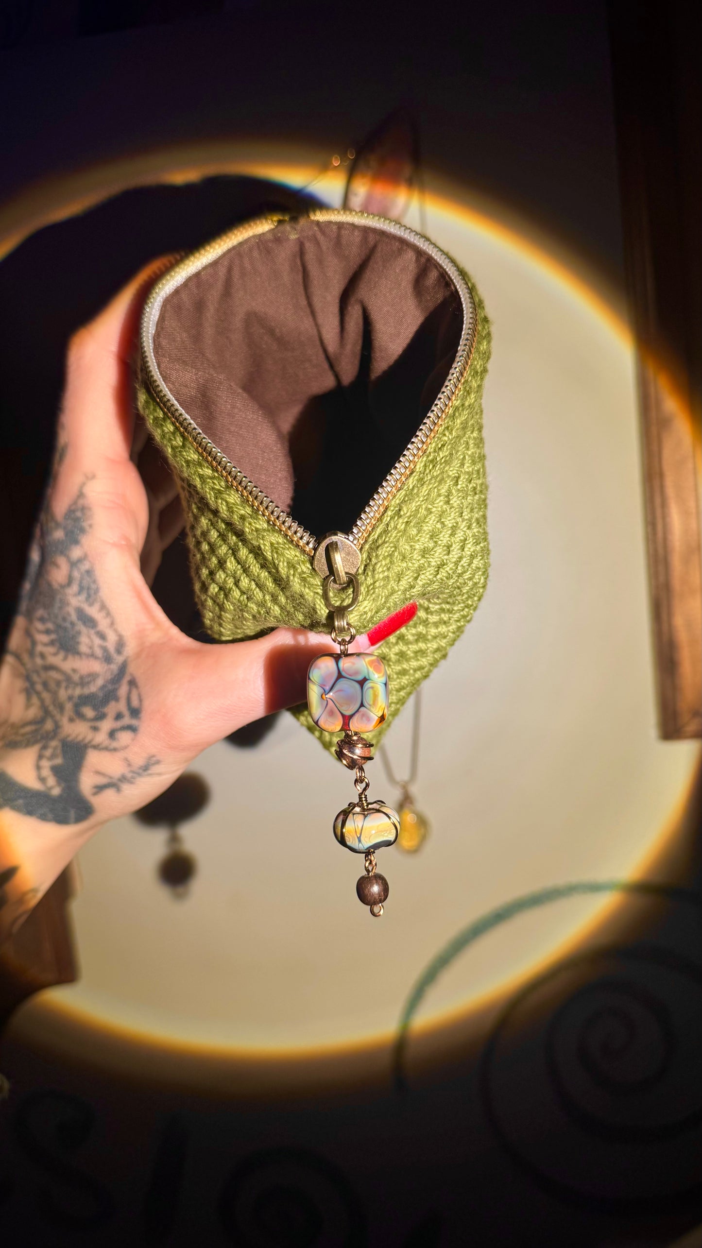 Crocheted wallet • beaded • olive green