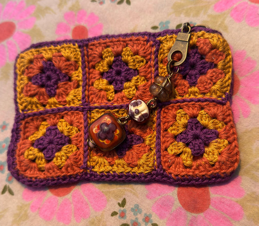 Crocheted Wallet • Beaded • Floral Patch
